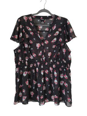 Torrid Floral Polka Dot Sheer Blouse Black/Pink Flutter Sleeve- Size 2XL